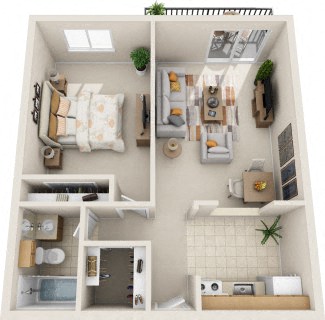 Floor plan for 1 bed, 1 bath, 610 sqft
